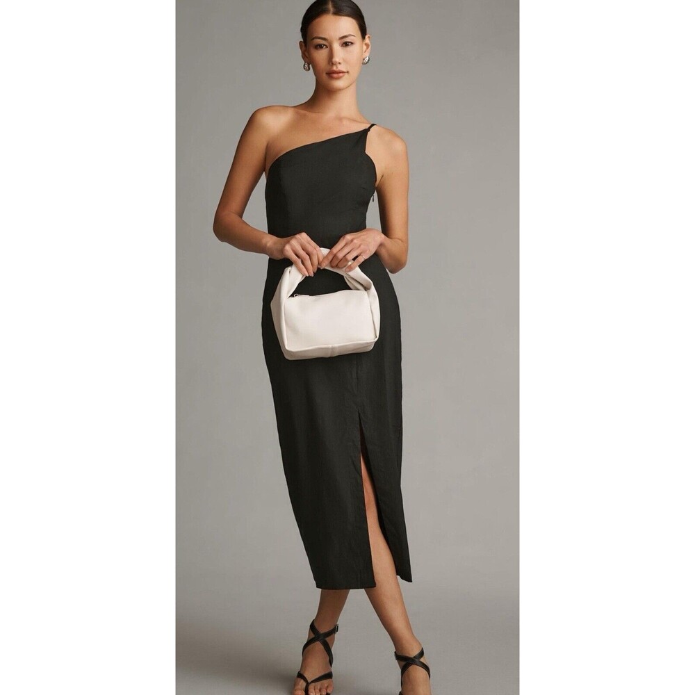 Anthropologie Midi Dress Women Black One Shoulder Linen Blend Preppy Sz XL New - Picture 1 of 12